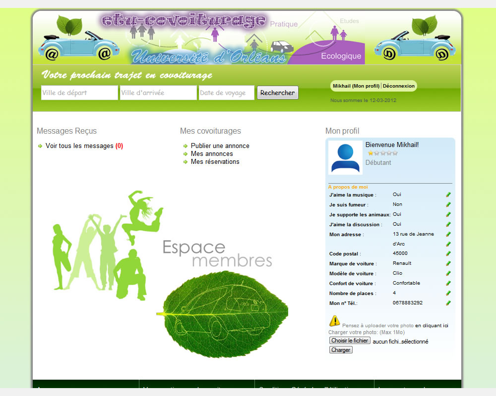 Page d'accueil espace membre